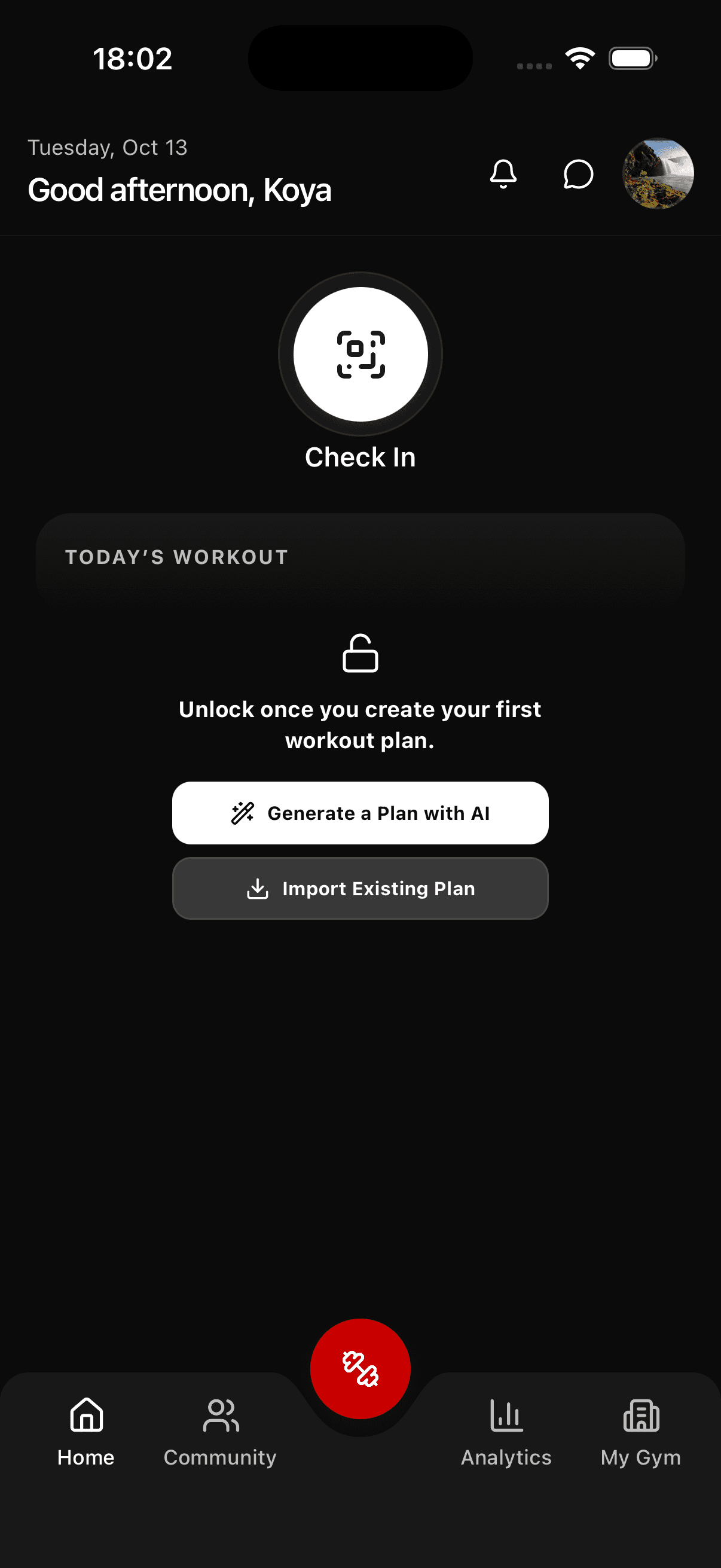 Lux app home screen showing the workout area and navigation to Community, Analytics, and My Gym.